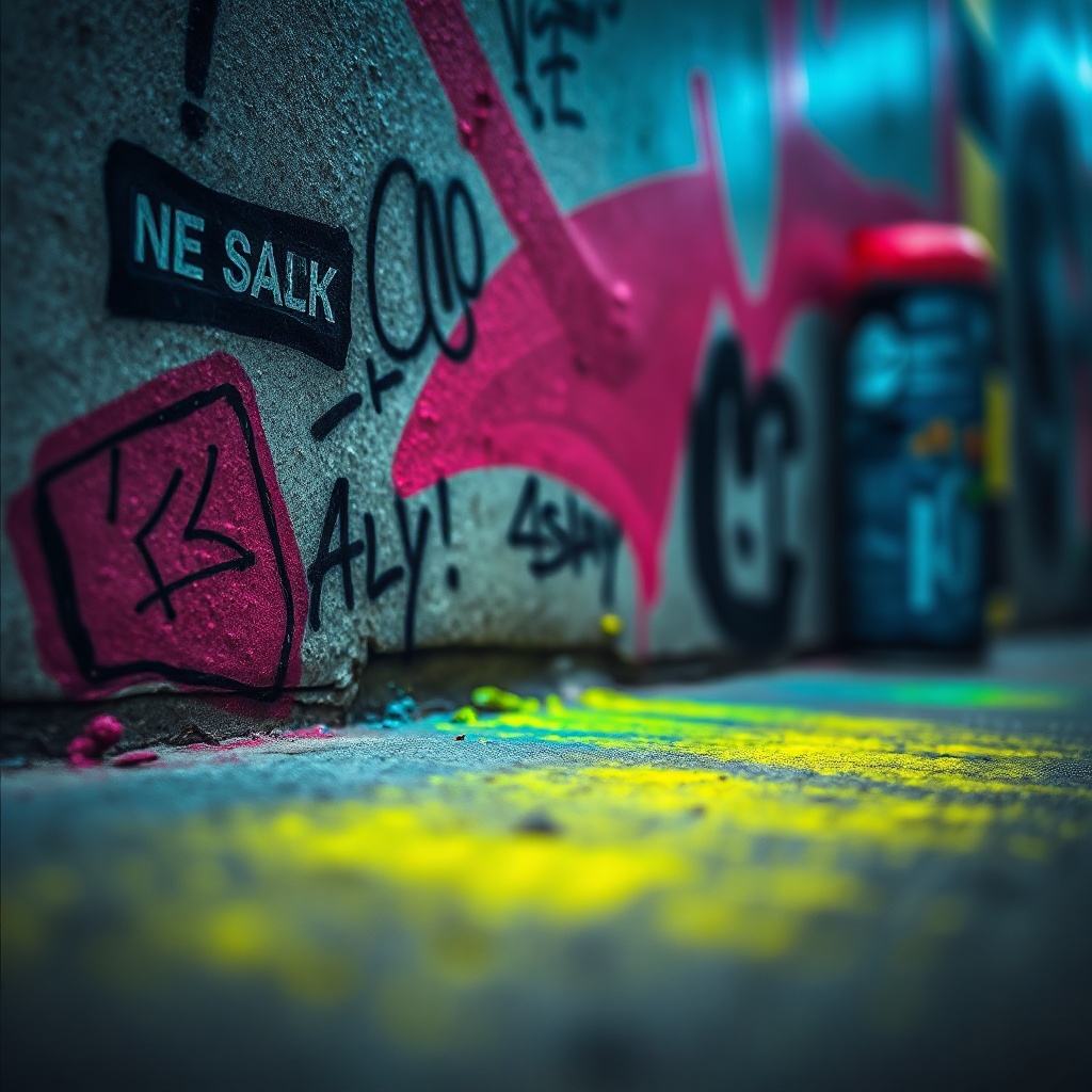 Layered graffiti and stencil art on a concrete wall