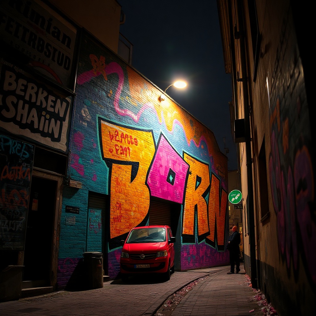 Colourful mural facade in a Berlin alley