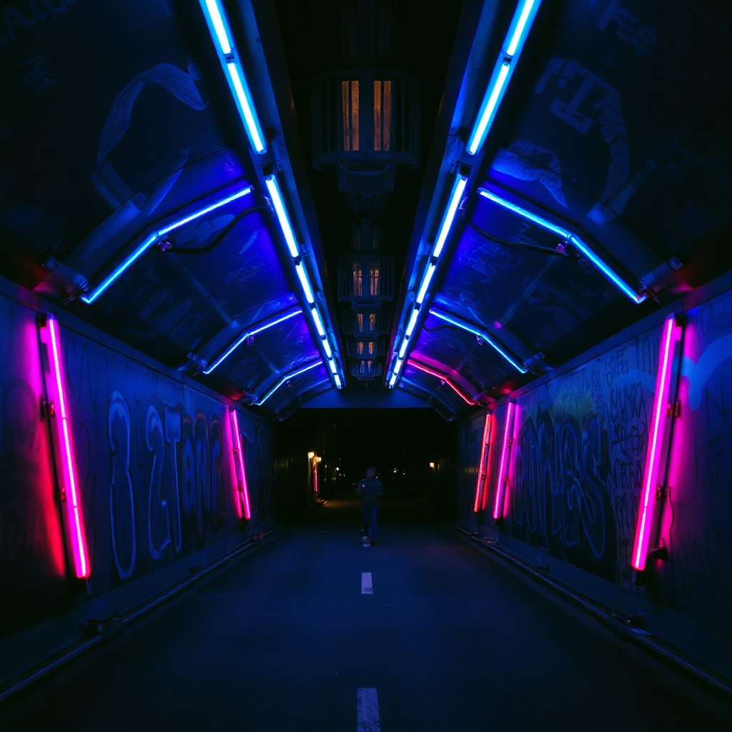 Neon light art tunnel with blue and purple glow