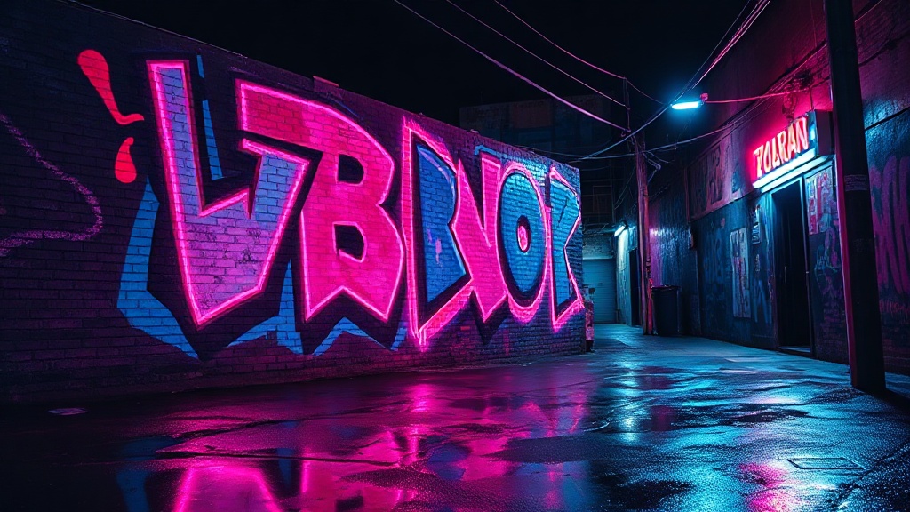 Vibrant street mural glowing under city night lights