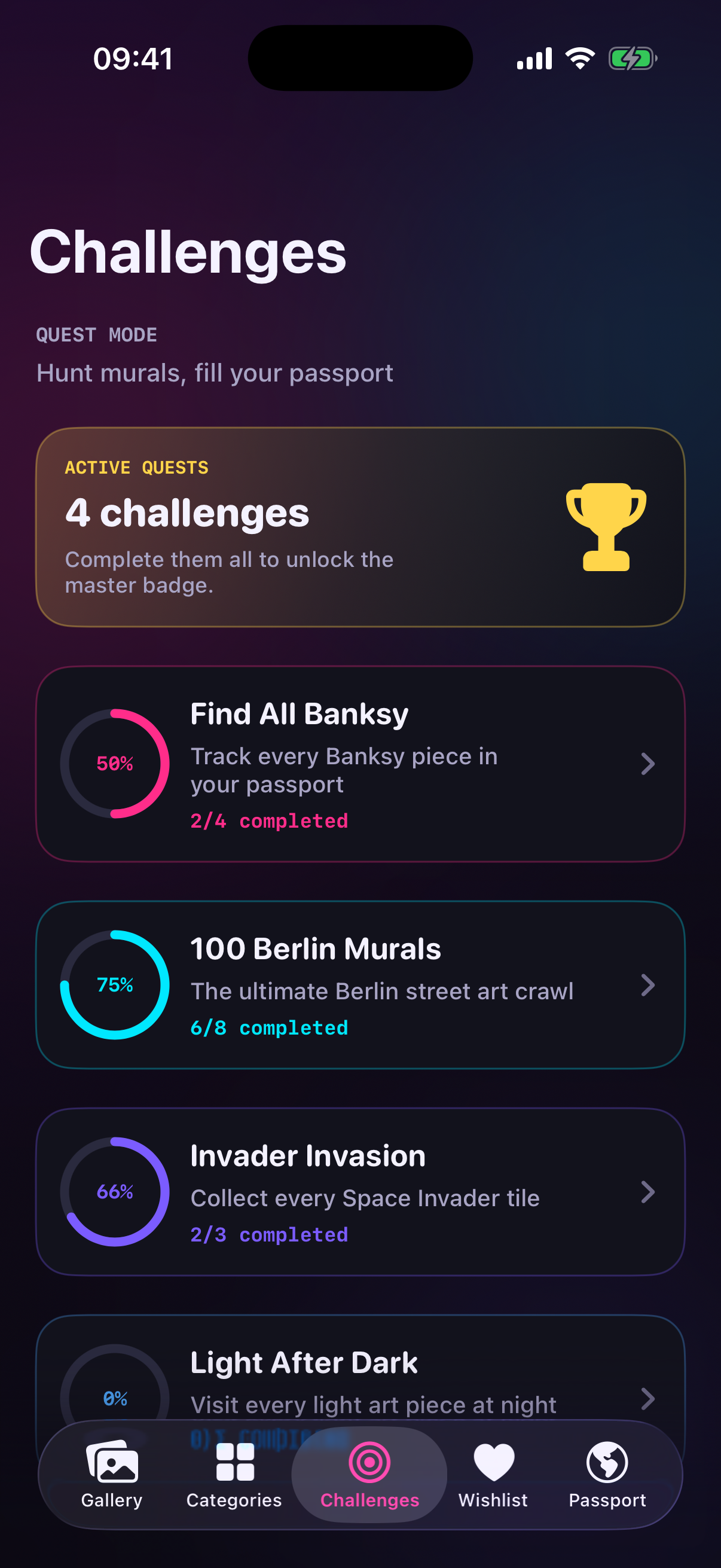 Challenges tab with Find All Banksy quest